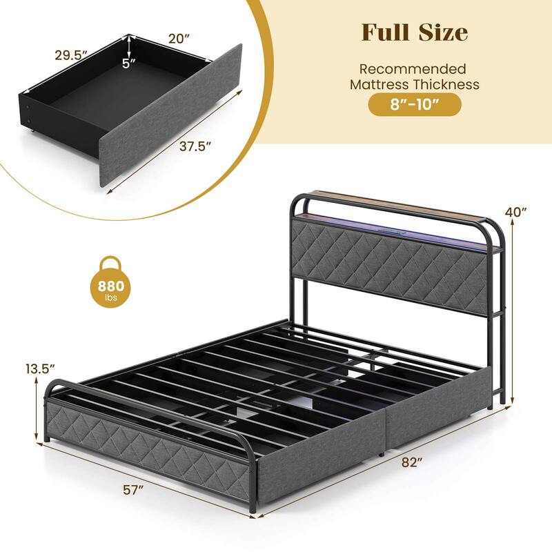 Costway Twin/Full/Queen Size Bed Frame with LED Lights & Charging