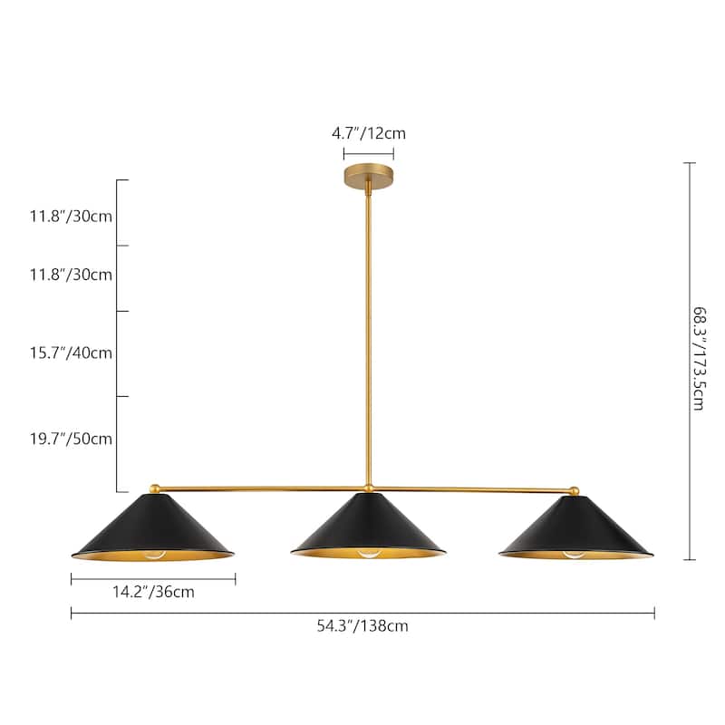 3-Light Mid-Century Modern Black/White Linear Cone Large Chandelier for Dining Room and Kitchen Island