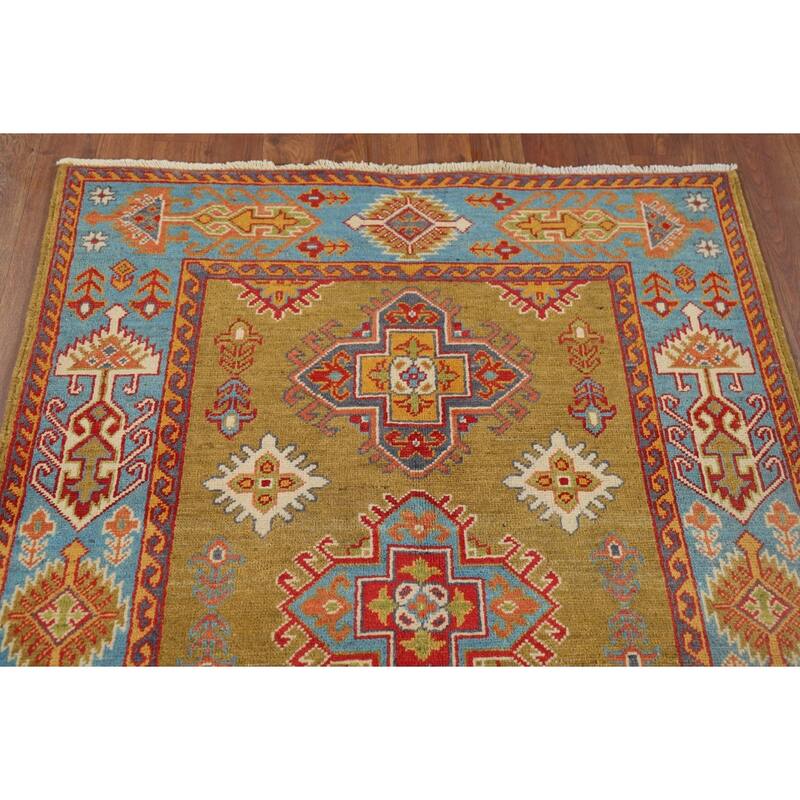 Kazak Accent Rug Handmade Yellow Geometric Wool Carpet - 3'4" x 4'10"