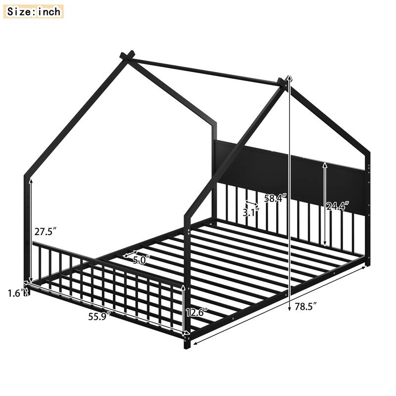 House Bed with Roof and Colorful Lights, House-shaped Frame Floor Bed with House Roof Frame, Metal Bed Frame with Slats and Legs