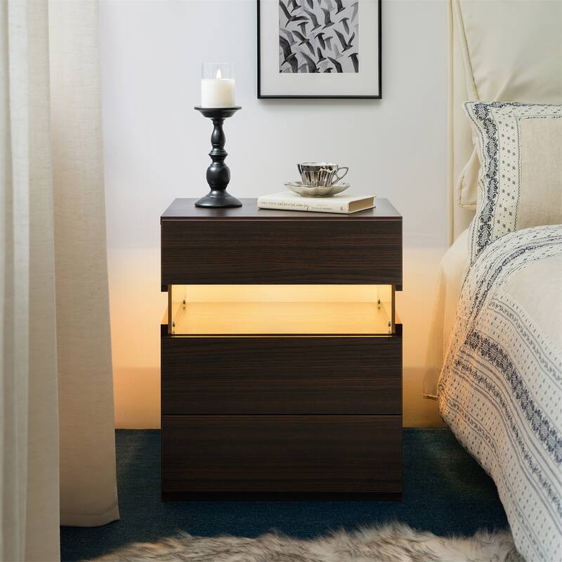 3-Drawer LED Nightstand, Multifunctional Bedside Table - Walnut
