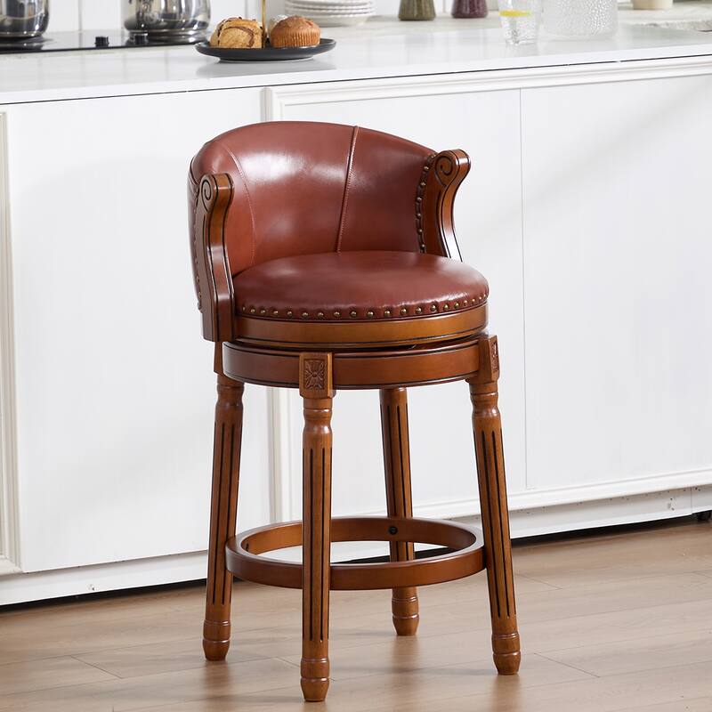 Cow top Leather Wooden Bar Stools, 360 Degree Swivel Bar Chair with Backs, Bar height Couner Height Barstools (1pc)