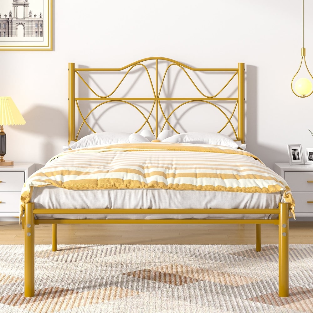 Javlergo Modern Metal Platform Bed Frame with Wavy Headboard No Box Spring Needed 12.6" Under Bed Storage for Twin Full Queen