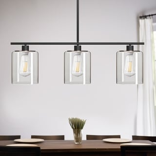 YANSUN 31.3in Industrial 3-Light Island Pendant Light with Clear Glass Shades, Black Kitchen Island Light or Kitchen,Dining Room