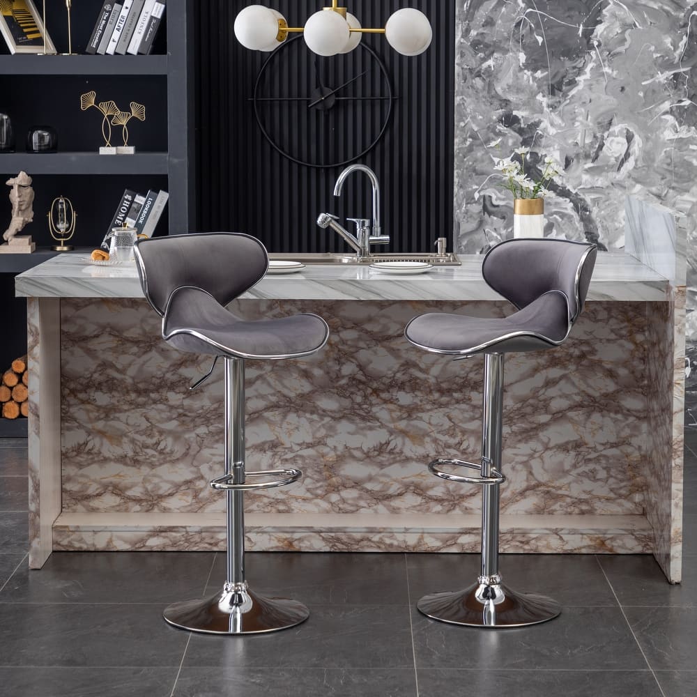 Modern Adjustable Swivel Bar Stool Set of 2, Velvet Upholstered Chair with Footrest for Bar, Kitchen Island, Dining Room