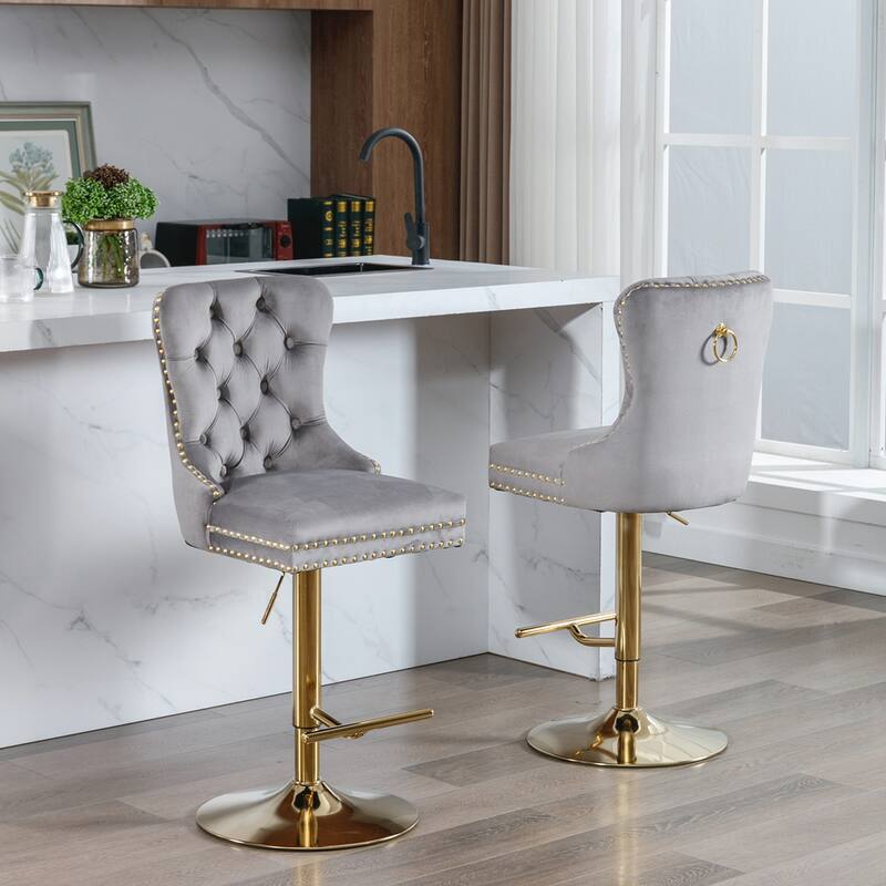 2PCS Tufted Swivel Velvet Bar Stool With Gold Legs