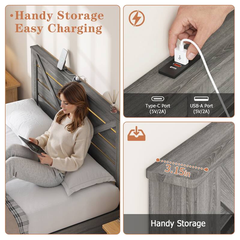 Full-size Storage Bed Frame with Storage Headboard (4 Storage Drawers on Bed Body + LED Lighting), Sturdy Metal Slat Base