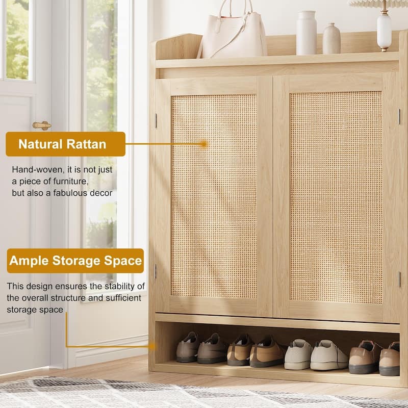 Rattan Shoe Cabinet with 2 Doors, 5-Tier Wooden Shoe Storage Organizer