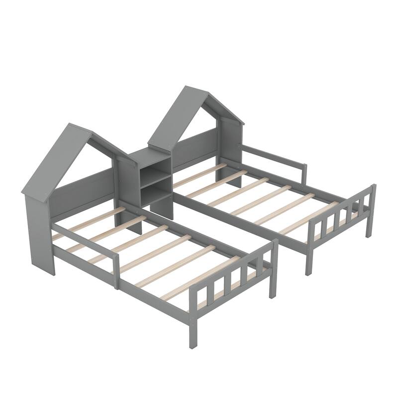 Twin Platform Bed with House Headboard and Nightstand, Solid Wood Frame, White/Grey
