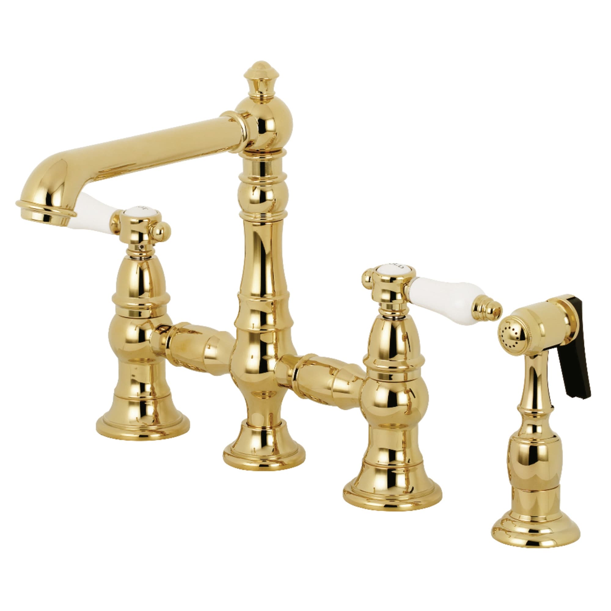Kingston Brass Bel-Air Two-Handle 4-Hole Deck Mount Bridge Kitchen Faucet with Brass Side Sprayer