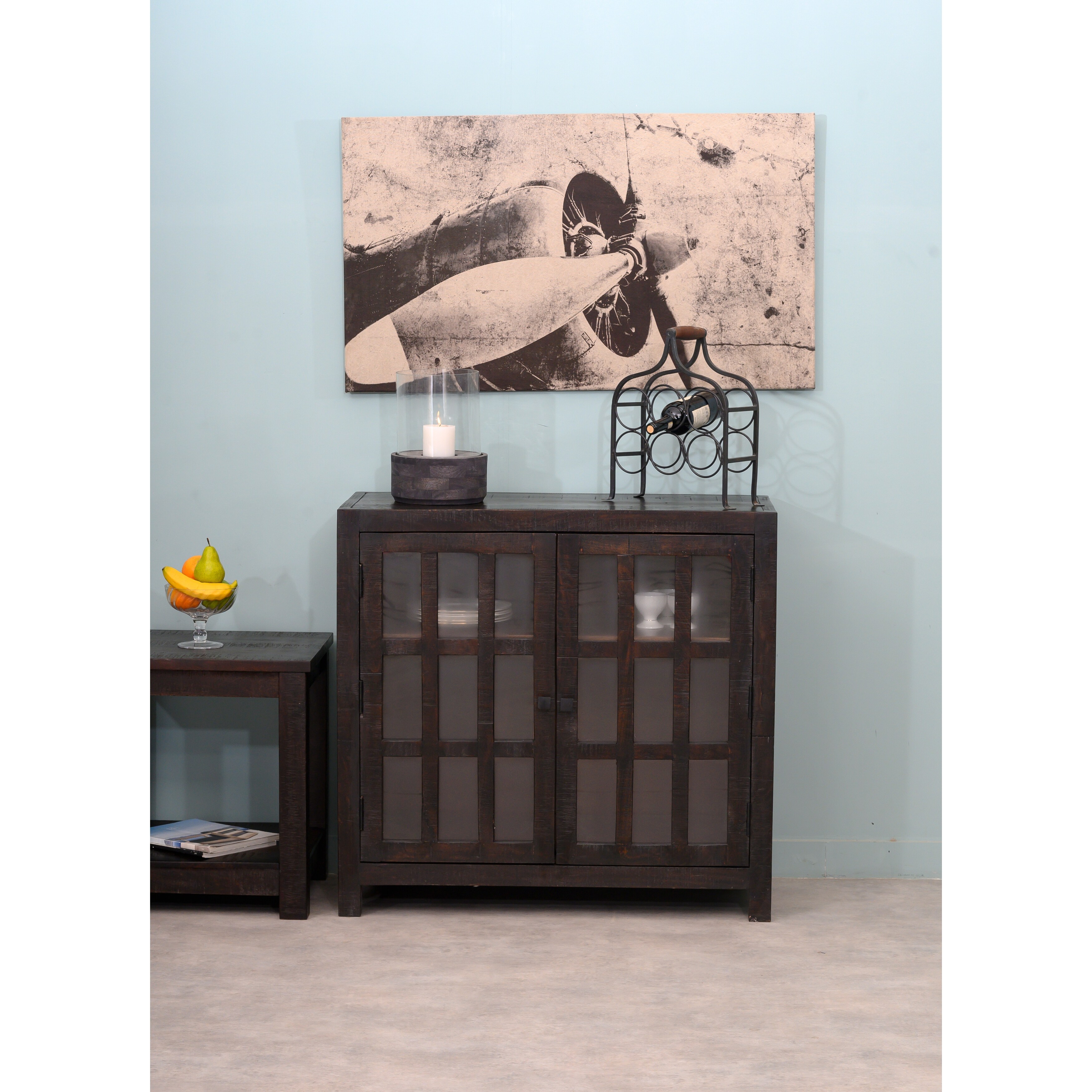 Havana Wooden Glass Door Small Buffet Dark Brown