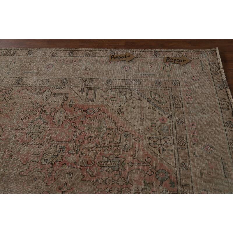 Pink Geometric Tabriz Persian Vintage Rug Hand-Knotted Wool Carpet - 6'8" x 9'2"