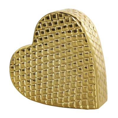 Aluminum Metal Heart Slanted Decorative Sculpture with Dimensional Cube Textured Exterior - Gold or Silver - Roche River Decor