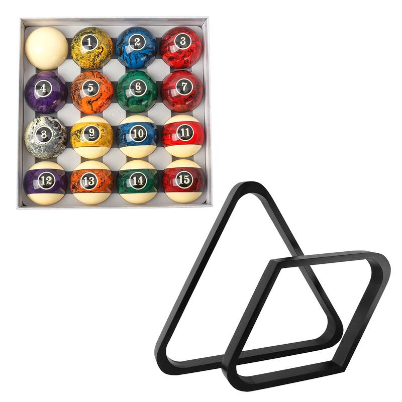 GSE™ 2-1/4"" Regulation Size Billiard/Pool Balls and 8-Ball Triangle & 9-Ball Diamond Rack Set - Billiard Accessory Kit - + Black Racks - Dark Marble Balls