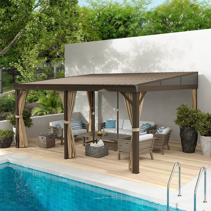 12x16 ft Rectangle Gazebo Sloping Galvanized Steel Roof Hardtop Gazebo with Curtains and Netting