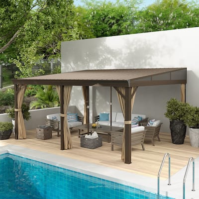 12x16 ft Rectangle Gazebo Sloping Galvanized Steel Roof Hardtop Gazebo with Curtains and Netting