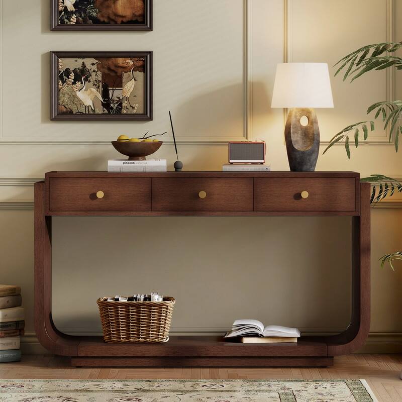 Mid-Century Modern Console Table with 3 Storage Drawers and Display Shelf for Entryway or Living Room Use