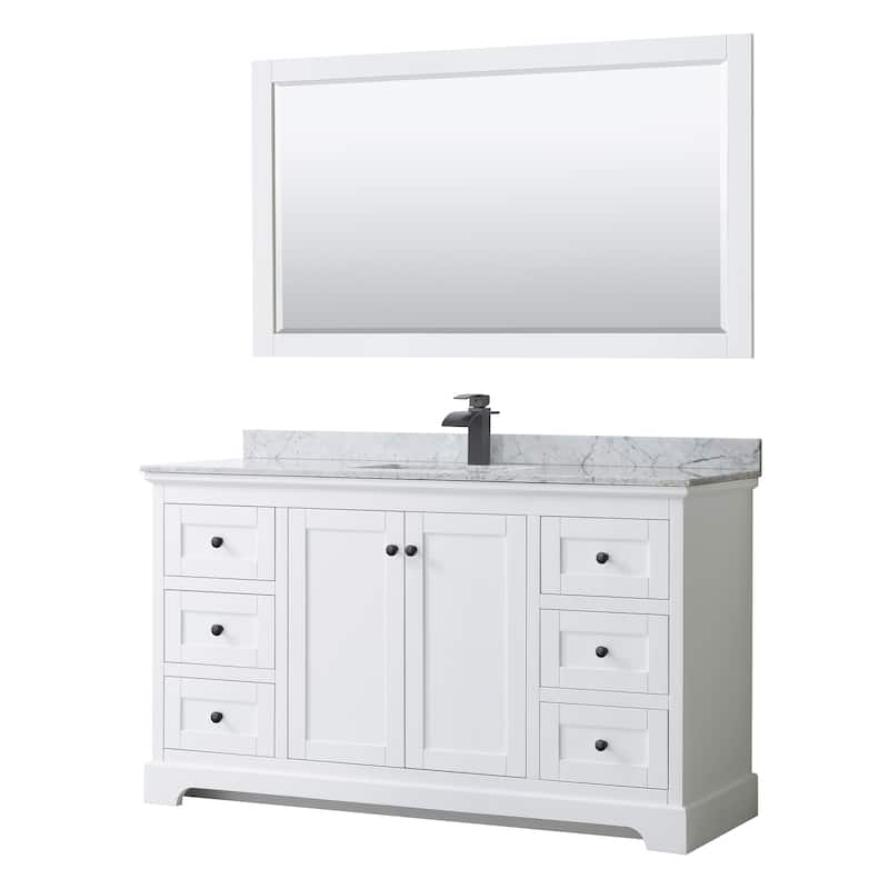 Avery 60-inch Single Vanity, Marble Top, Square Sink, 58-inch Mirror - White, Black Trim, White Carrara Marble Top