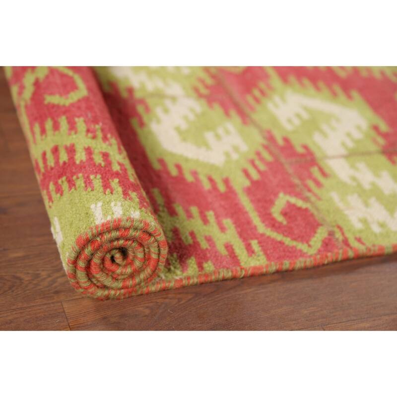 All-Over Pink Geometric Kilim Oriental Area Rug Handmade Wool Carpet - 4'9"x 7'1"