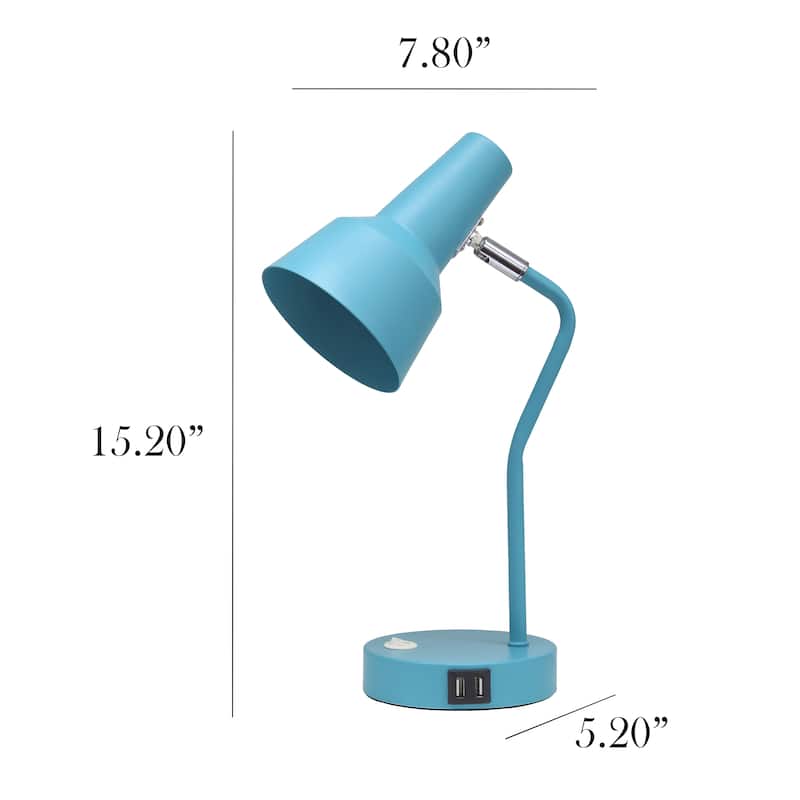Modern Metal Gooseneck Desk Lamp with Dual USB Charging Ports Adjustable Arm Multiple Colors - 7.8" (L) x 5.2" (W) x 15.2" (H)