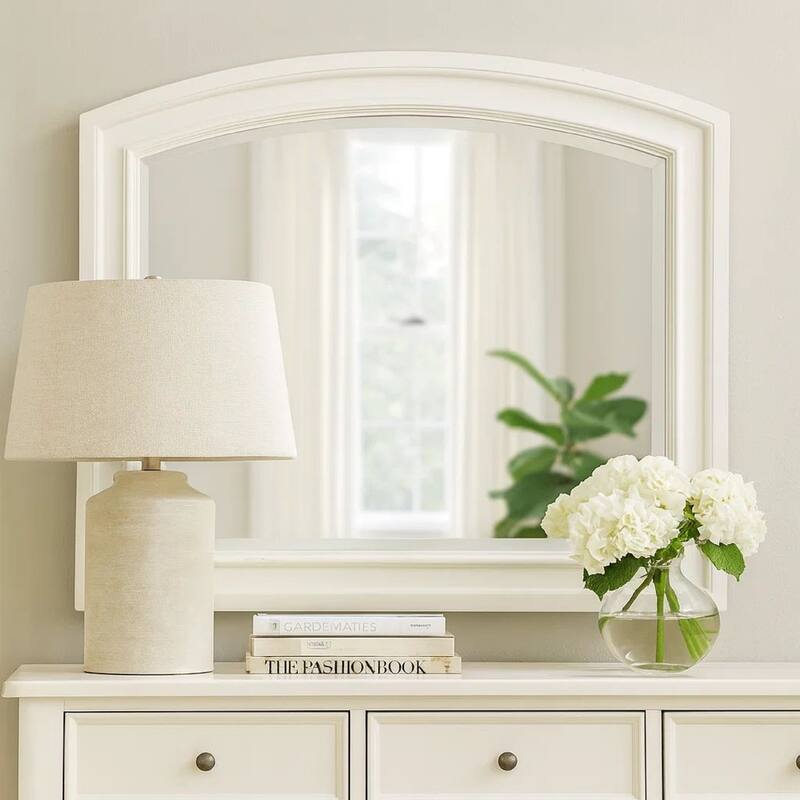 Wooden Mirror with Raised Edges and Curved Top, White