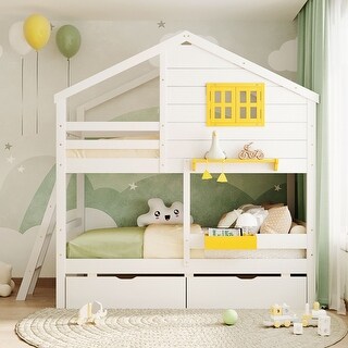 Stylish & House Design Wood Bunk Bed with 2 Drawers, 1 Storage Box, 1 Shelf, Window and Roof, White
