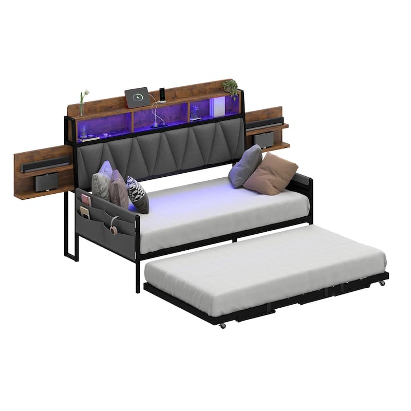 Twin Size Daybed with Trundle Heavy Duty Metal Frame RGB LED Lights Bookcase Headboard and Charging Station