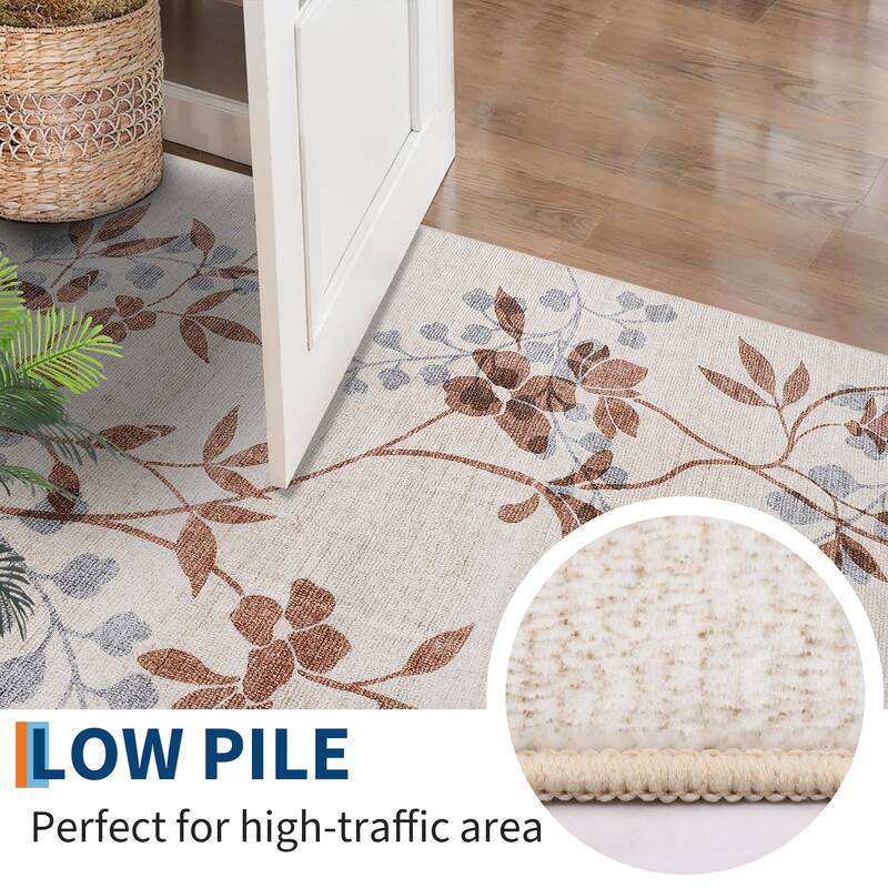 Modern Leaves Pattern Area Rug Botanical Print Washable Rugs for Living Room Bedroom Non-Slip Low Pile Floor Carpet