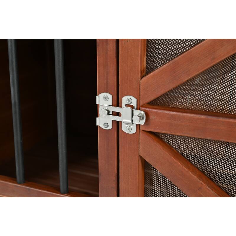 43" Solid Wood Dog Crate Furniture, Foldable Indoor Kennel with 360° Rotating Feeder Multi-Functional End Table