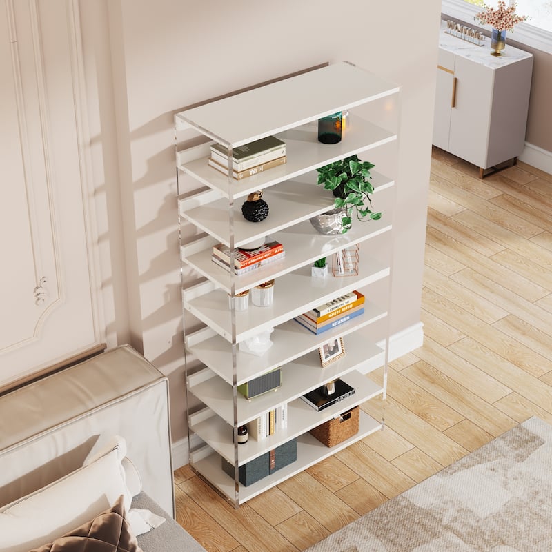 8-Tier Acrylic Bookshelf, Modern Bookcase with Wood Shelves