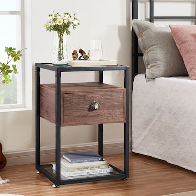 Javlergo Tempered Glass Nightstand with 1-Drawer and Storage Shelf