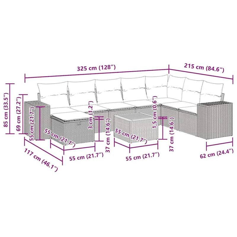 vidaXL 9 Piece Patio Sofa Set with Cushions Black Poly Rattan - 21.7 x 24.4 x 27.2