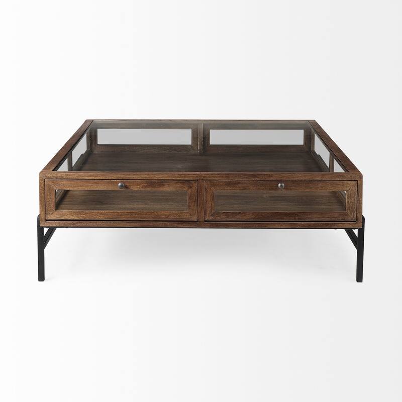 Arelius Light Brown Solid Wood w/ Black Iron Base Square Display Coffee Table