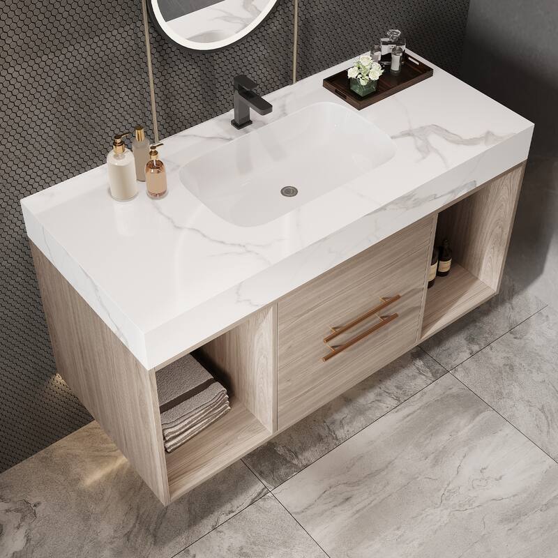 Floating Bathroom Vanity with Ceramic Sink, Rectangle Bathroom Storage Cabinet with Sintered Stone Countertop