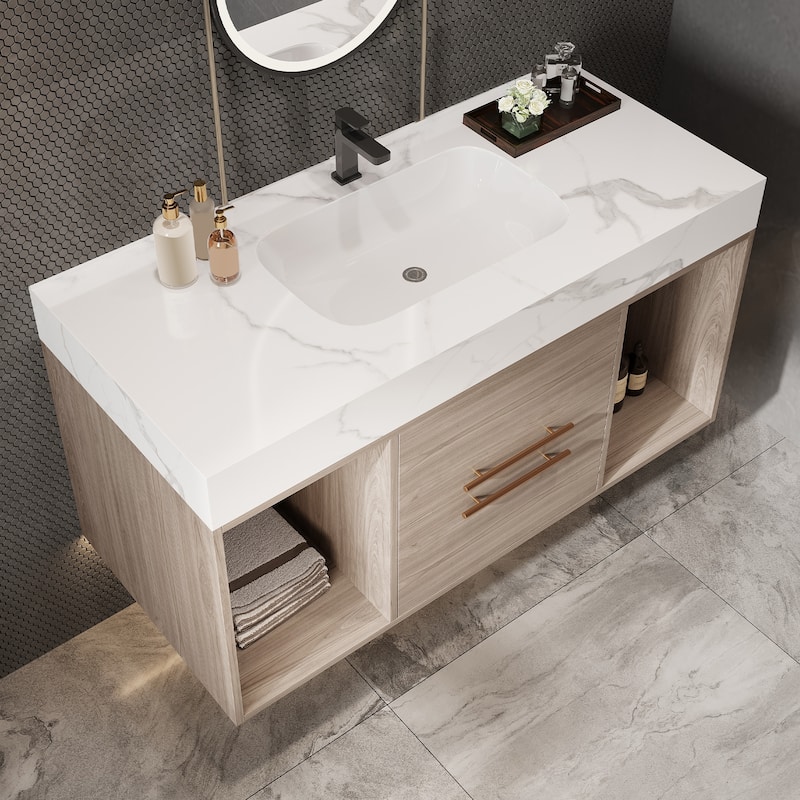 Modern Wall Mounted Bathroom Vanity Floating Storage Cabinet with Ceramic Sink, Faux Marble Countertop, Drawers and Open Shelves