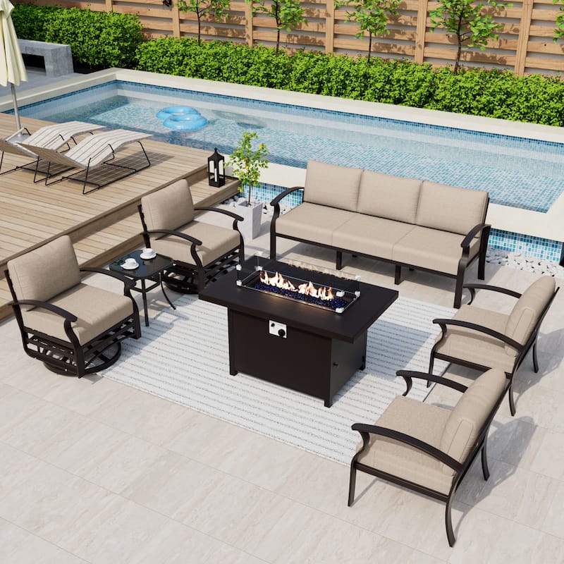 Kullavik Aluminum Outdoor Patio Furniture with Curved Armrests & Firepit Table - 7 seats w/FirePit - Khaki
