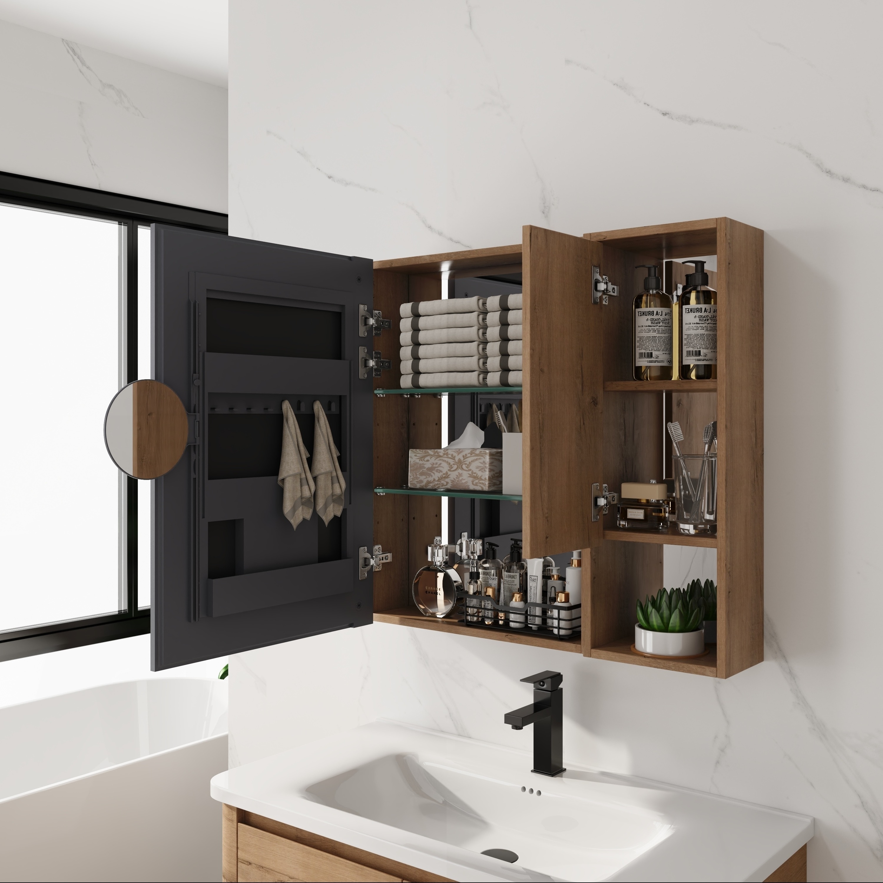 29.63" Bathroom Mirror Cabinet with Storage,Wall Mounted Medicine Cabinet with Mirror Door,Adjustable Glass Shelves,Plywood