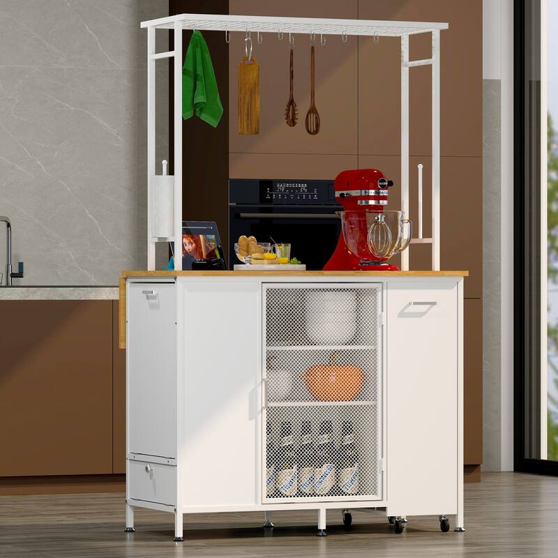 Rolling Kitchen Island Large Storage Cabinet with Folding Flip-Up Panel, Metal Coffee Bar Table Organizer Workstation w/ Drawers