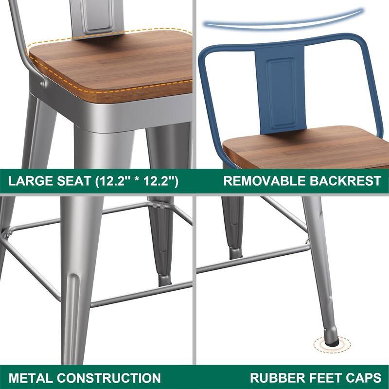Counter & Bar Stools with Metal Frame Kitchen Stools with Low Back Kitchen Bar Furniture Stools with Square Wooden Seat
