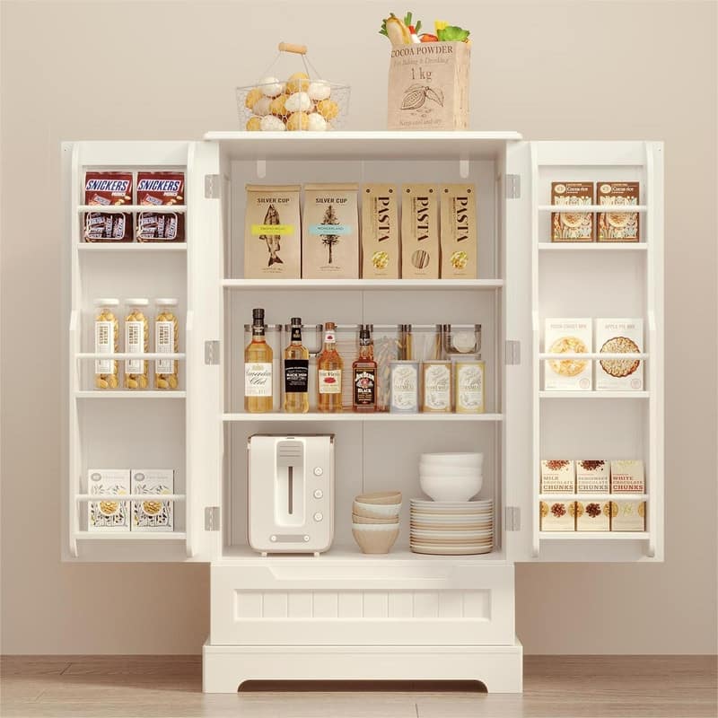Kitchen Pantry Storage Cabinet, Freestanding Storage with Shelves and 1 Drawer - White
