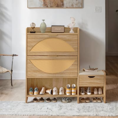 47.2" Rattan Shoe Storage Cabinet with 2 Flip Drawers and a Bench