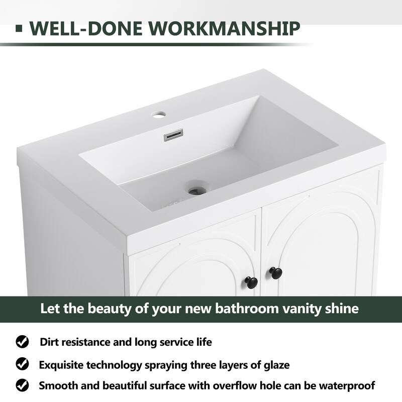 Modern 30" Bathroom Vanity with White Resin Sink, Soft-Close Doors & Customizable Metal Handles