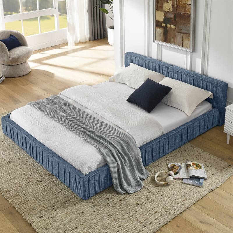 Queen Size Chenille Upholstered Bed Frame w/ Headboard and Wood Frame - Dark Blue