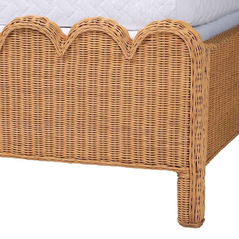 Maritza Scalloped Natural Rattan Bed Frame - Handwoven Wicker Headboard and Footboard with Decorative Edge Detail, Boho Coastal