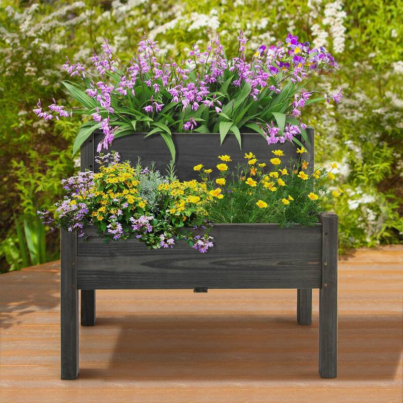 2-Tier Raised Garden Bed with Fir Wood and Drainage Holes for Plants - 34" x 33.5" x 28.5" (L x W x H) - Grey