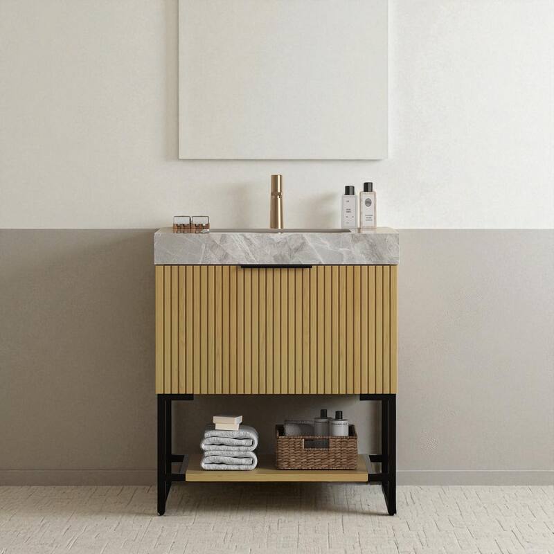 30" Freestanding Bathroom Vanity with Undermount Ceramic Sink Sintered Stone Top Drawer and Open Shelf