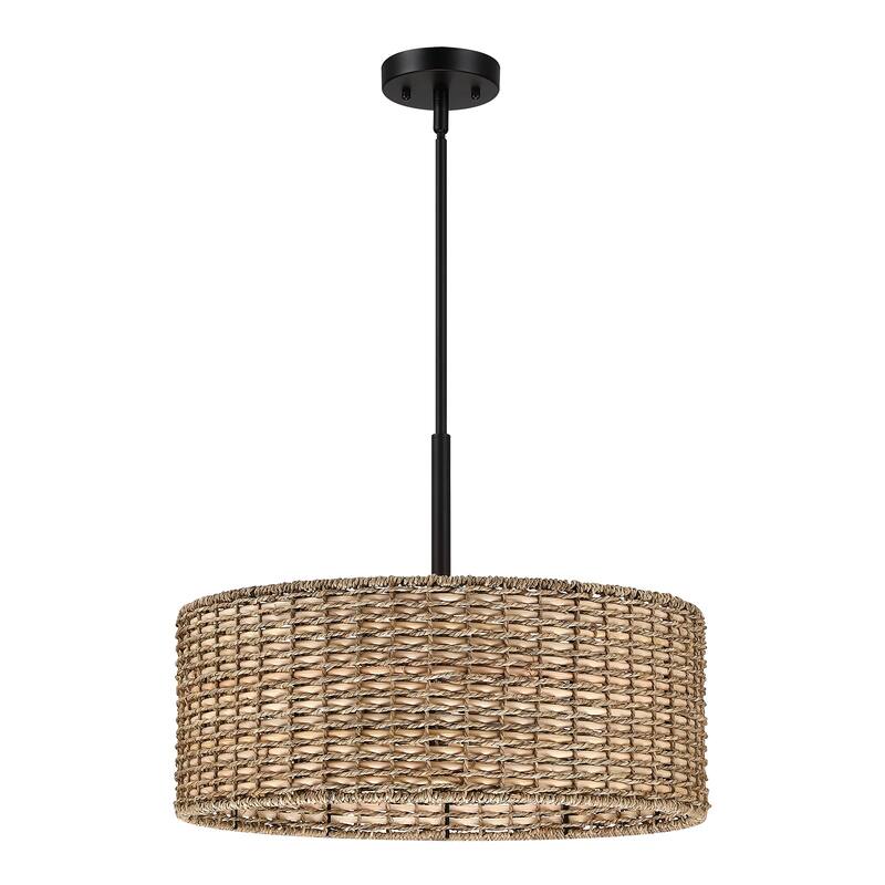 Lennie 4-Light Rattan Drum Chandelier with Black Canopy - 20'' W