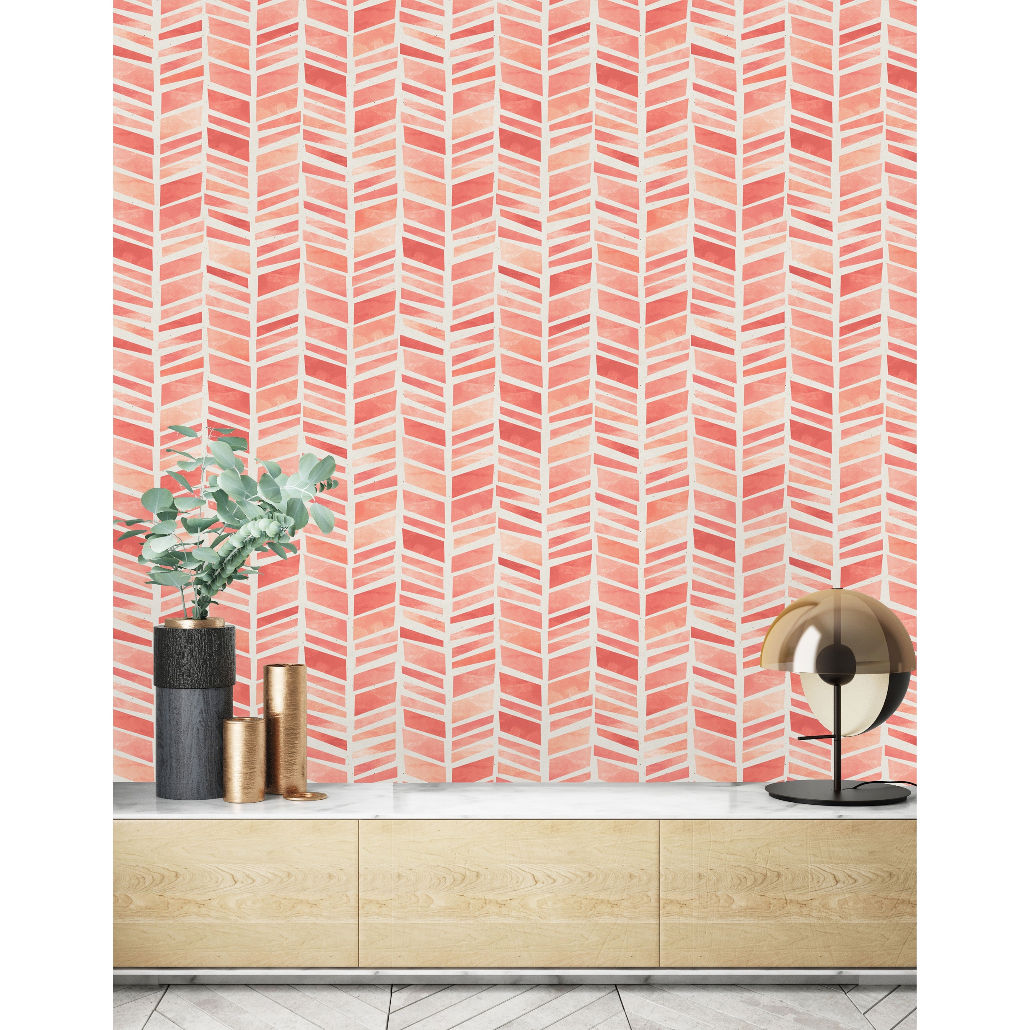 coral herringbone pattern peel and stick wallpaper
