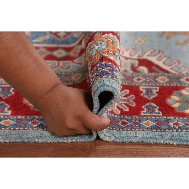Light Blue Geometric Kazak Rug Hand-Knotted Wool Carpet - 3'1" x 5'3"