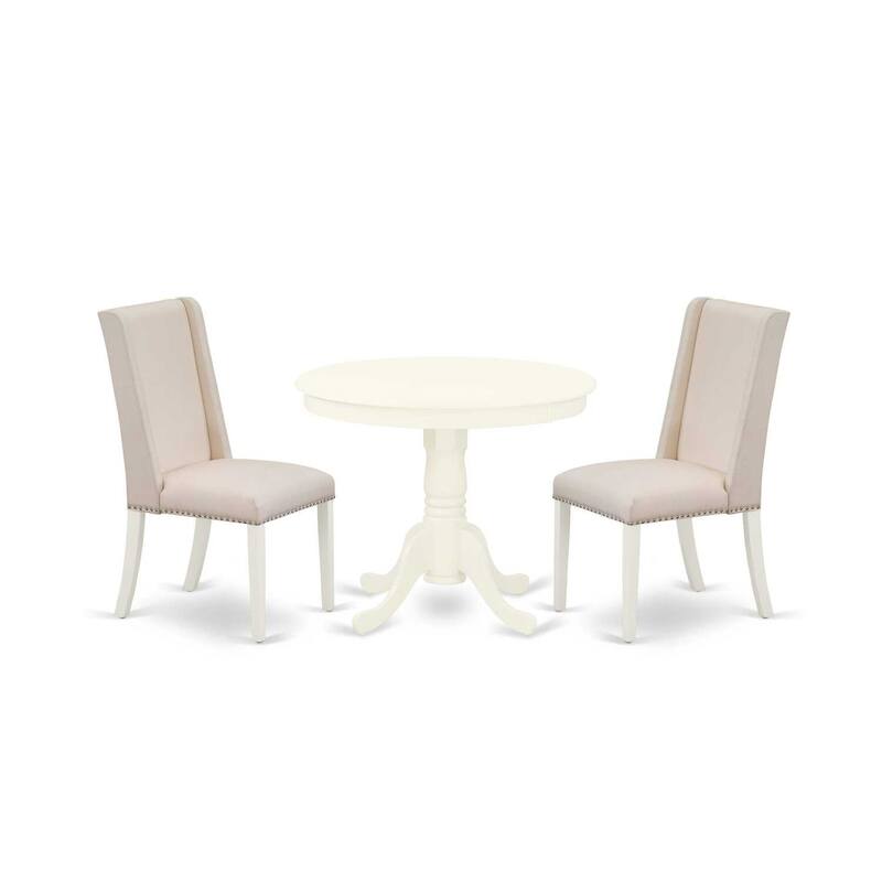 HomeStock 3-Pc Linen White Finish Solid Wood Top - Round Upholstered Dining Room Set - Seats 4
